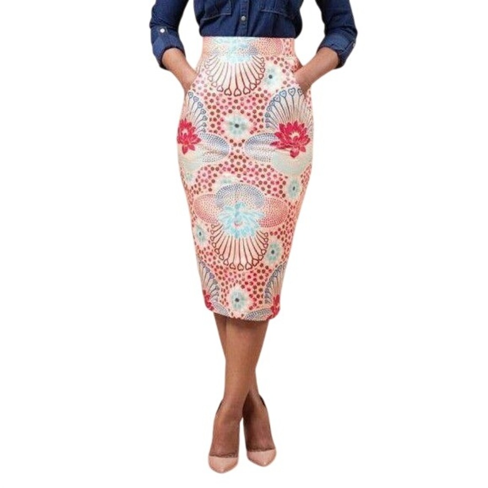 Grass Fields African Print Midi Pencil Skirt US 6 UK 10 Floral Shell Boho Artsy
